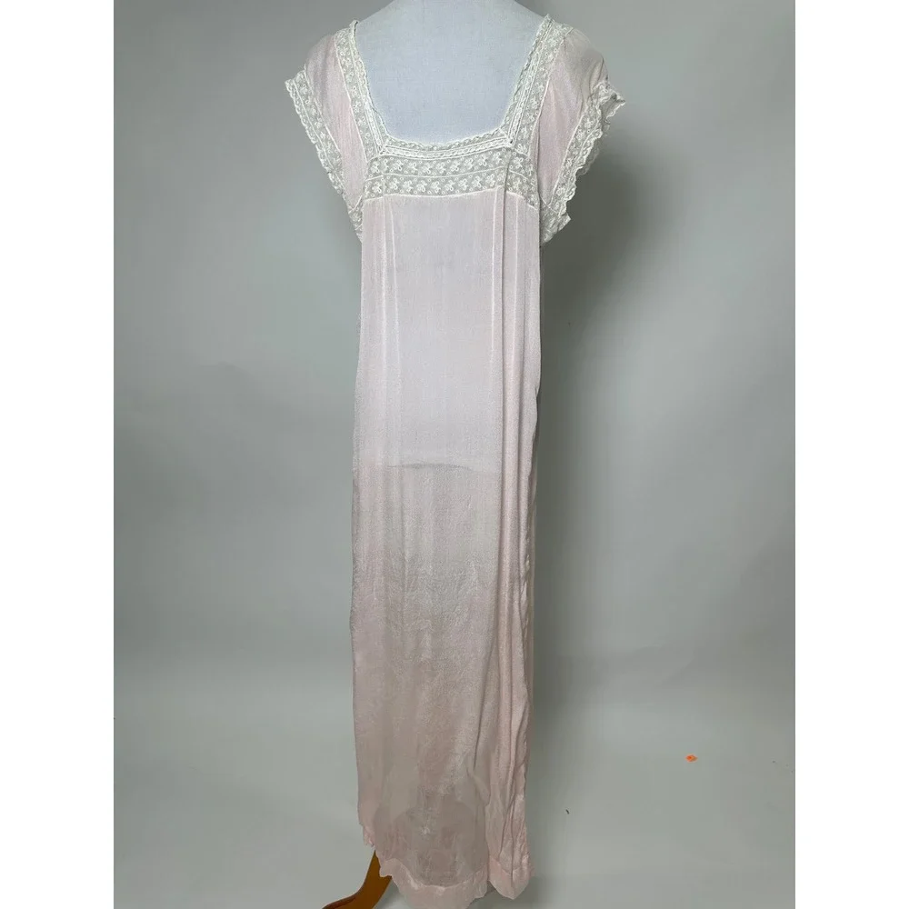 Vintage 1920s Pink Silk Nightgown White Lace Antique Flapper Lingerie Dress - Picture 8 of 10